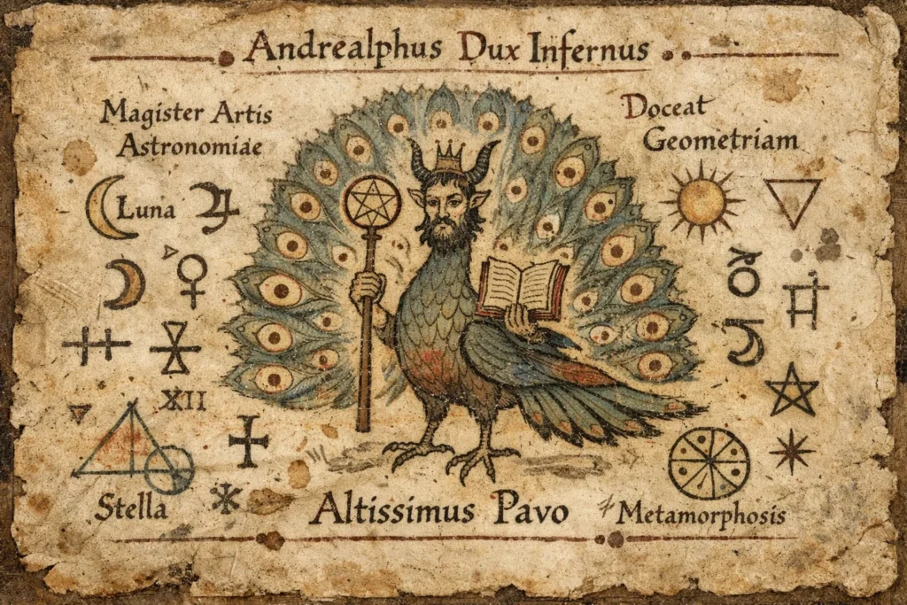 drawing of Andrealphus as a peacock