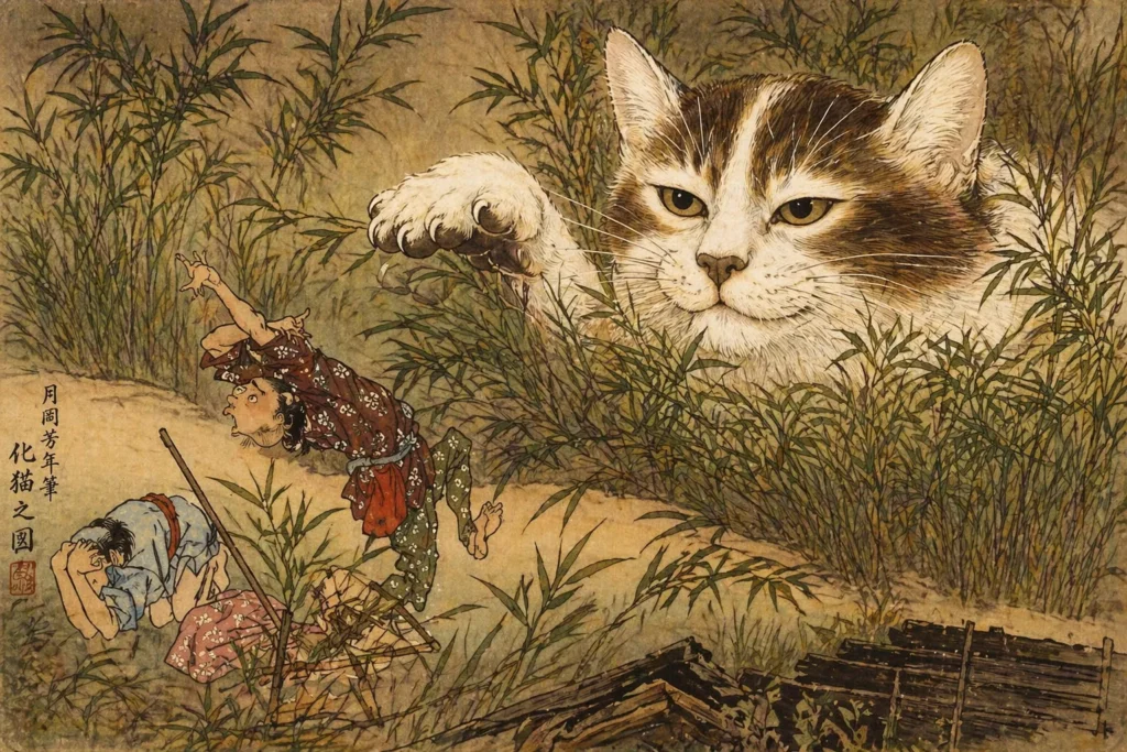 A massive Bakeneko with brown and white fur peering through bamboo at terrified Japanese travelers.
