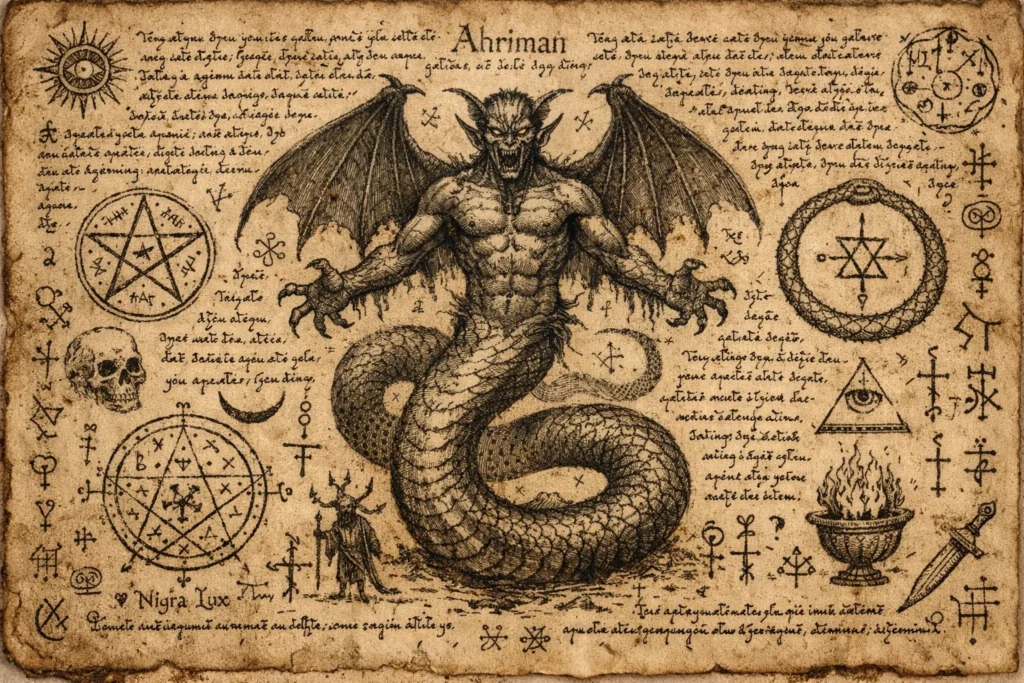 Pre-medieval manuscript illustration on aged parchment showing Ahriman as a black serpentine demon with a humanoid upper body