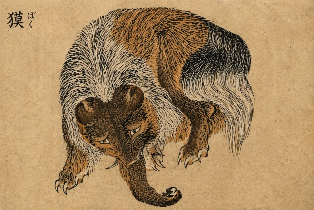 A traditional Japanese woodblock style illustration of a Baku with tiger paws and a curved trunk.