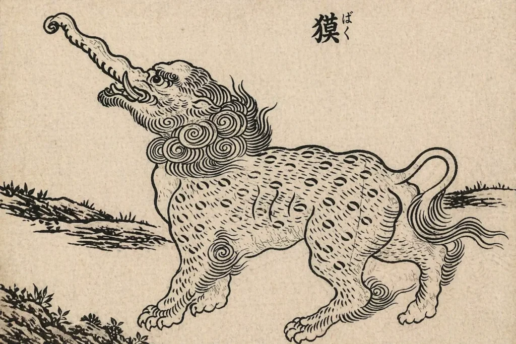 Black and white line art of a Baku with a raised trunk and spiral-patterned fur.