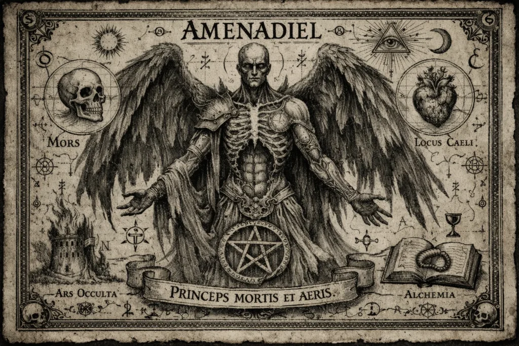Renaissance-transition style occult page featuring Amenadiel