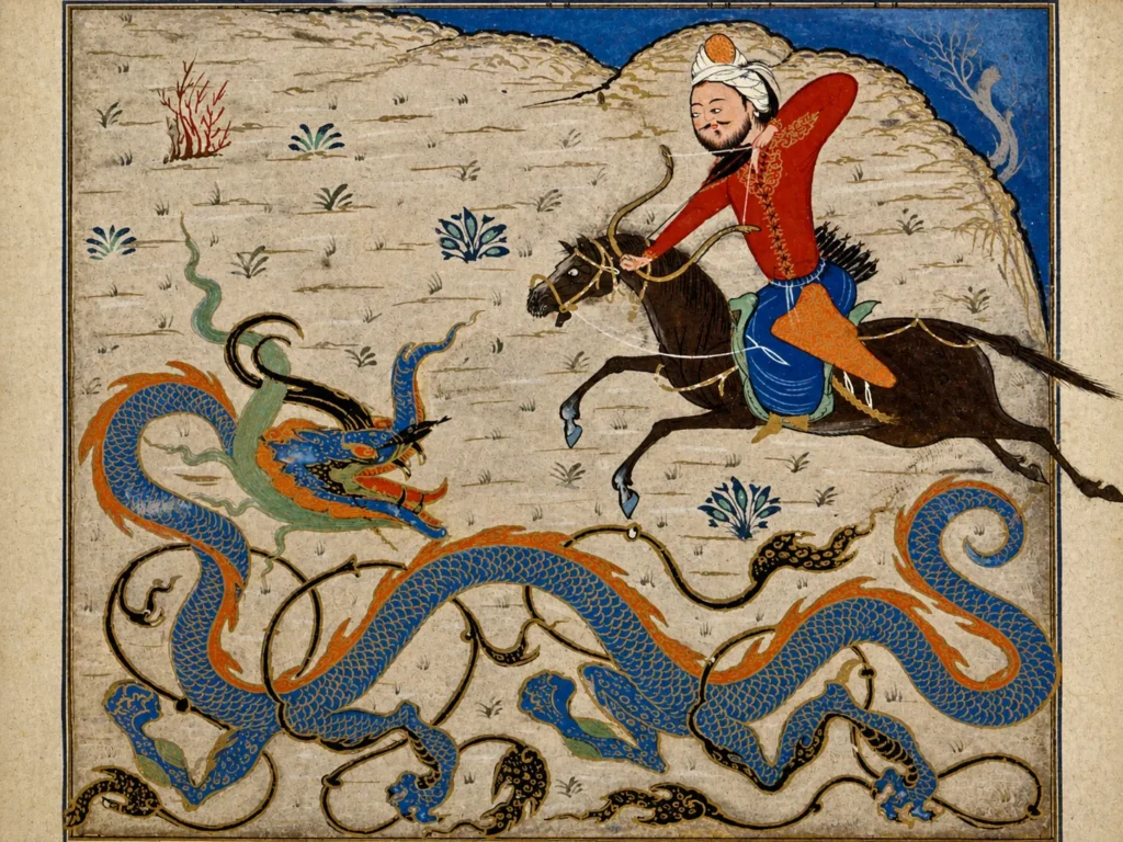 A 15th-century Persian miniature painting depicting a mounted archer in traditional attire fighting a large, blue-scaled dragon, representing the mythological clash between the hero and Azhi Dahaka.