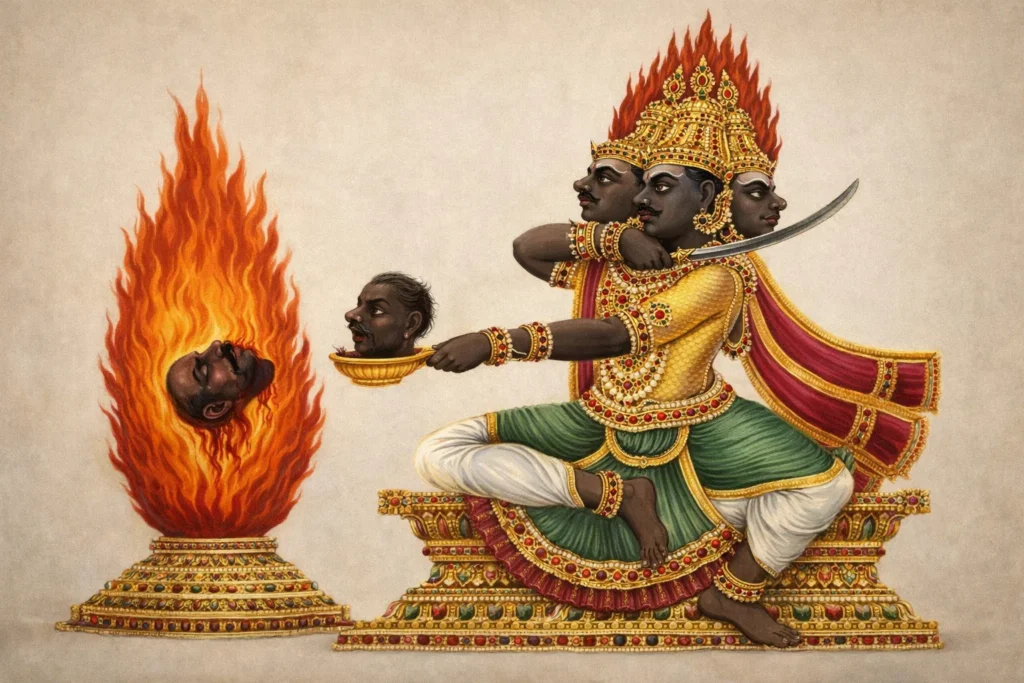 * A three-headed figure in golden armor offering a decapitated head to a sacred fire.