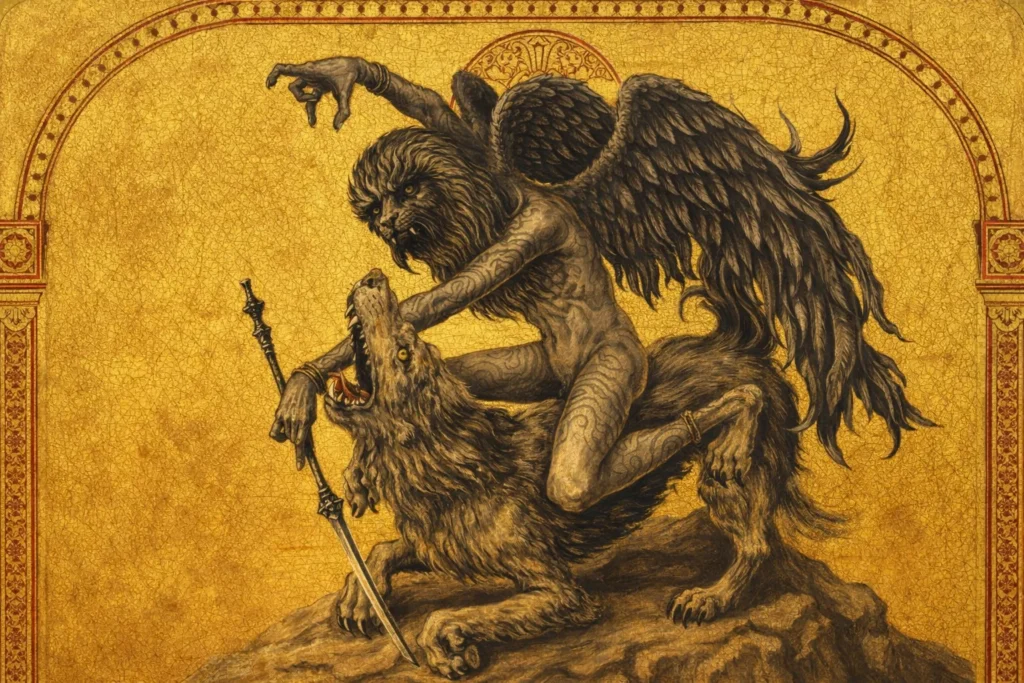 Proto-Renaissance style egg tempera on wood representation of the demon Andras