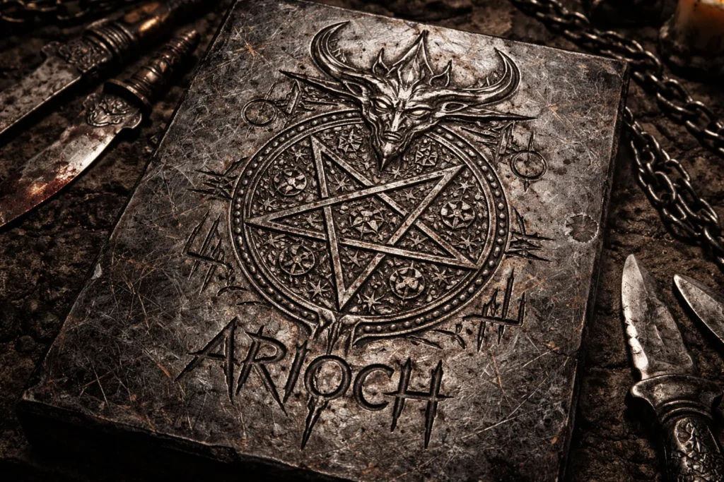 A metal-based sigil of Arioch engraved into iron