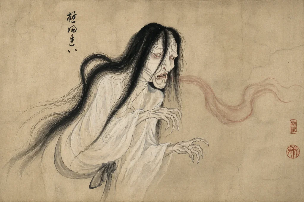 Grisly Yūrei ghost with long black hair and skeletal hands emitting a spectral vapor.