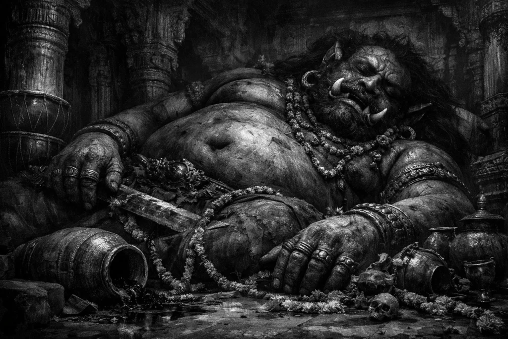 A massive, sleeping Kumbhakarna lying still within a palace hall