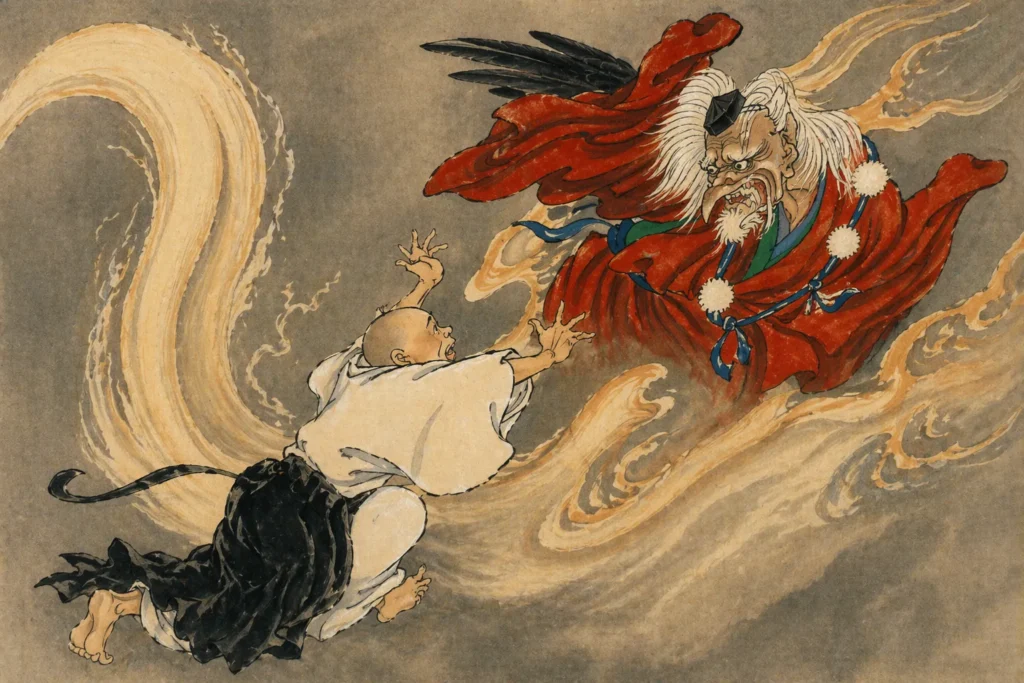 Action scene of a red-robed Tengu spirit swooping down upon a terrified Buddhist monk.