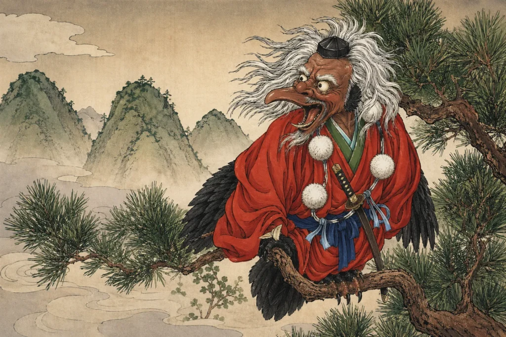 A Karasu Tengu with a sword and avian beak perched on a pine tree overlooking mountains.
