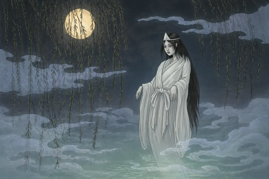 Spectral Yūrei with triangular white forehead paper standing under a weeping willow tree in the moonlight.