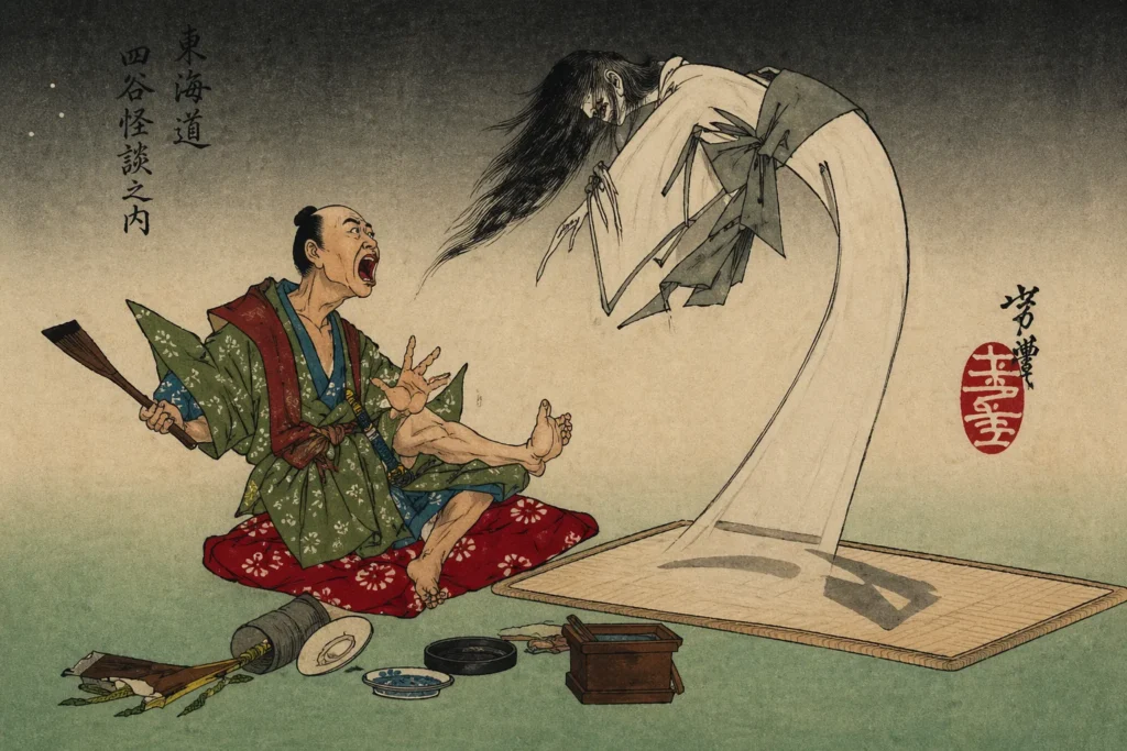Vengeful female Yūrei spirit emerging from a floor mat to terrify a seated samurai.