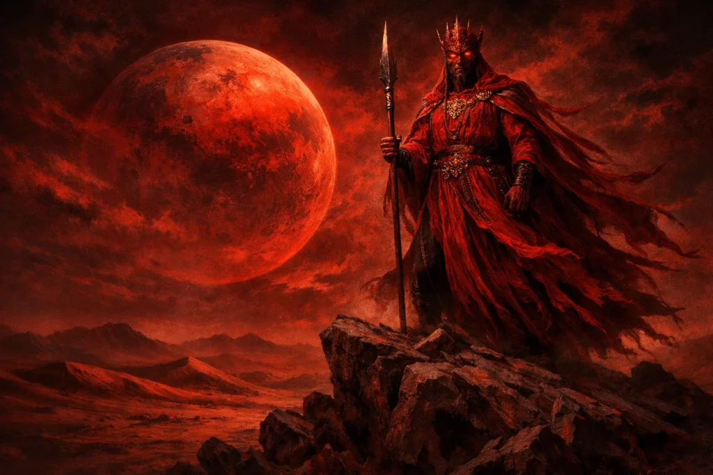 A desert landscape at night under a red-tinted sky. A large, bright Mars dominates the horizon. Al-Ahmar stands alone atop a rocky outcrop wearing flowing red garments.