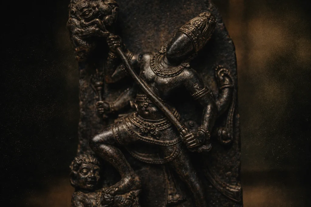 Bronze sculpture of a deity impaling a demon with a trident