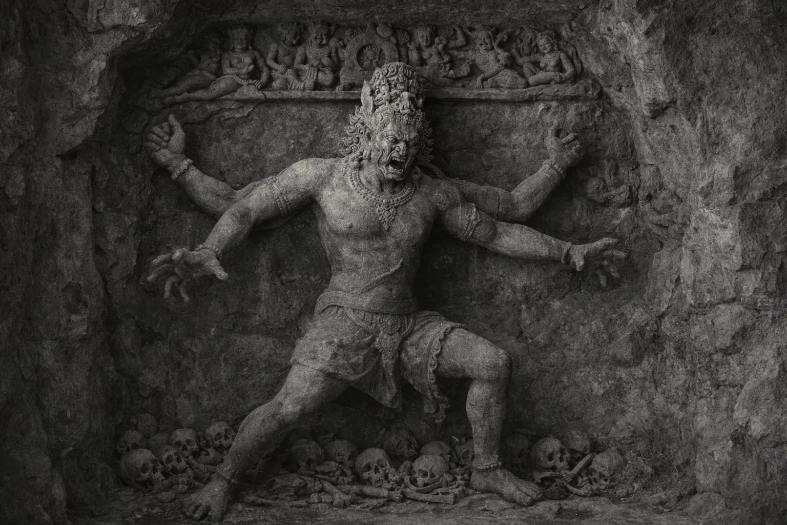 a representation of the Andhaka hindu demon in stone