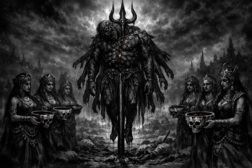 A static mythological image showing Andhaka suspended upright on Shiva’s trident, pierced through the torso