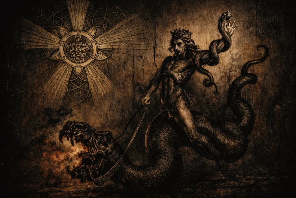 the demon Astaroth riding a serpent