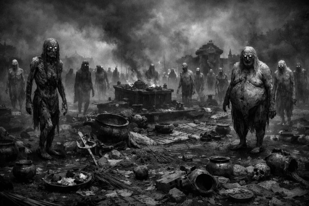 A wide scene depicting the Bhuta Ganas at Daksha’s ruined sacrificial ground