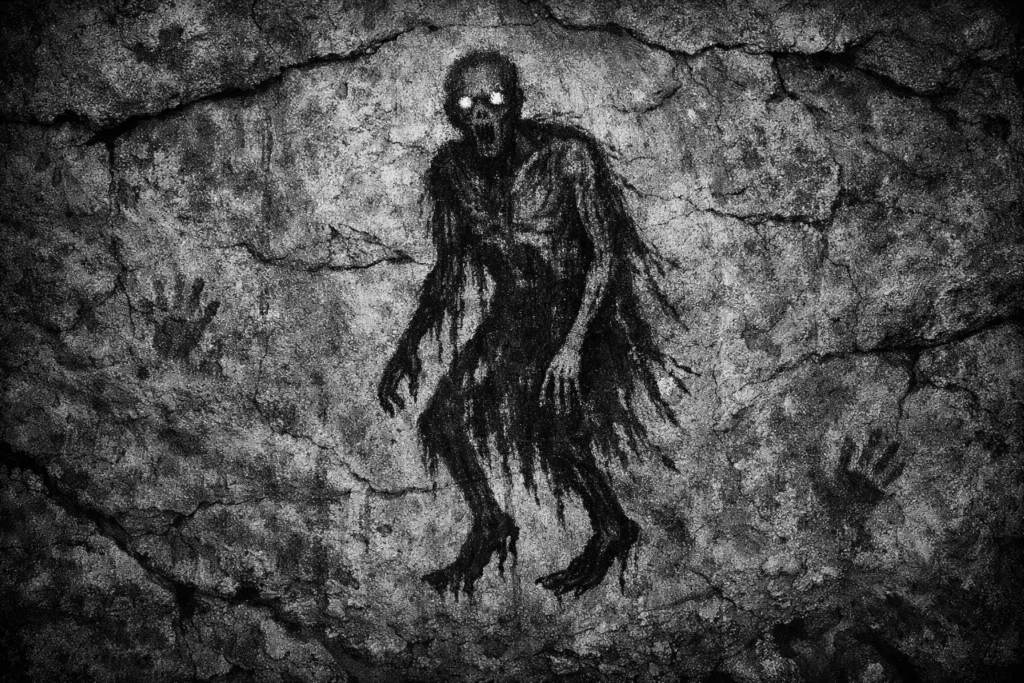 An ancient cave wall painting, showing a crude Bhuta figure with backward feet, rendered in red ochre against rough stone.