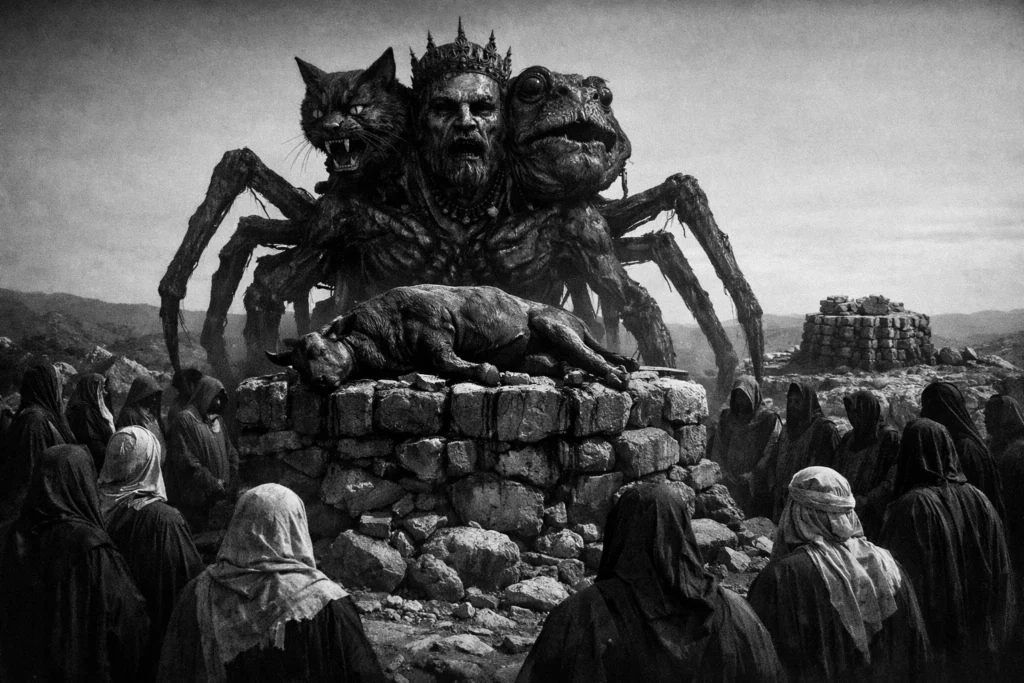 Baal on Mount Carmel. A stone altar stands in the center with a bull placed upon it