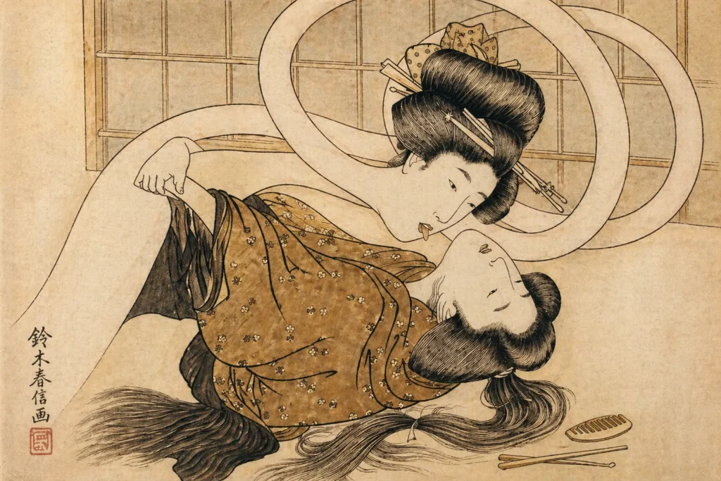 Artistic depiction of a Rokurokubi looking back at her own sleeping body in a Japanese room.