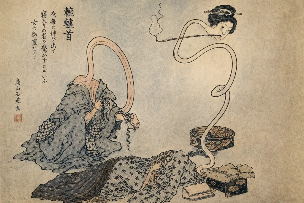 Authentic Edo period woodblock print of a Rokurokubi with a long neck smoking a pipe.