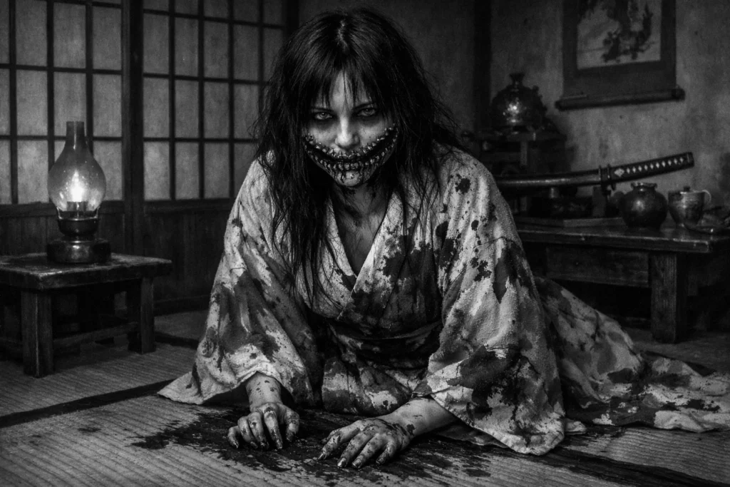 Kuchisake-onna moments after her mouth has been slashed