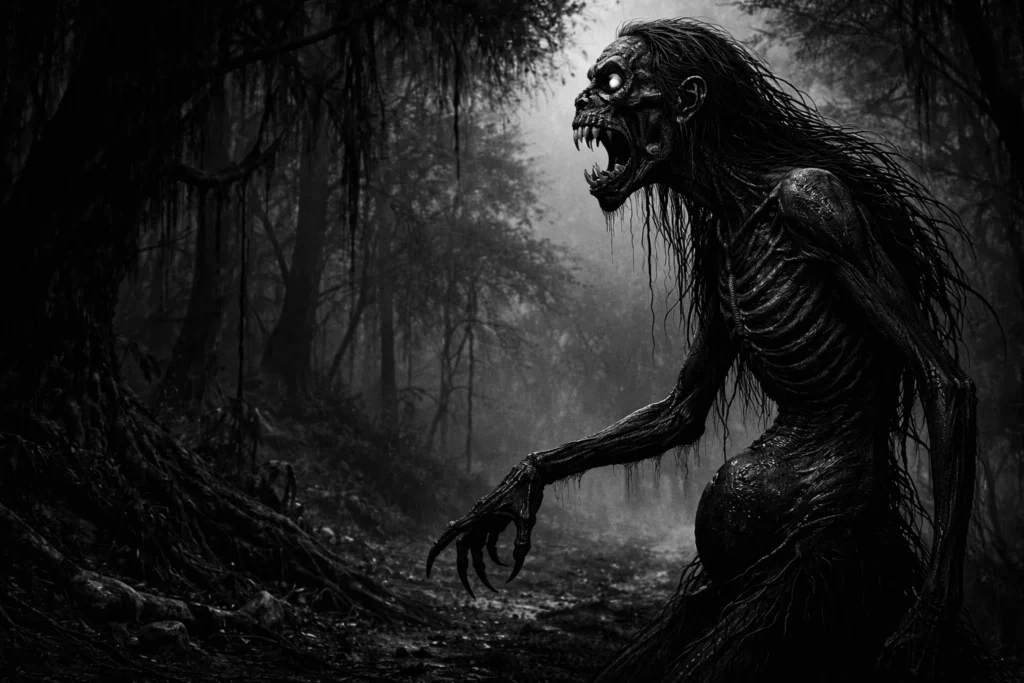 A detailed side-profile image of a Pishacha standing at the edge of a dense forest at dusk