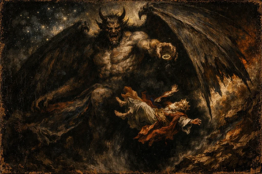 chiaroscuro oil painting on a cracked oak wood panel. The scene depicts the "Theft of the Ring," showing a monstrous Asmodeus