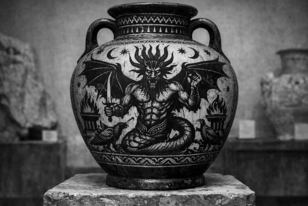 large ancient ceramic vase painted with a stylized black-figure depiction of a horned winged being