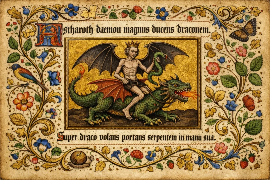 a 15th-century illuminated manuscript page. The parchment is decorated with ornate gold leaf borders and floral marginalia. In the center is a colored miniature of Astaroth riding a dragon