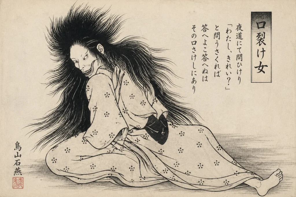 Monochrome ink drawing of Kuchisake-onna in a traditional Japanese scroll style with calligraphic text describing her legend.
