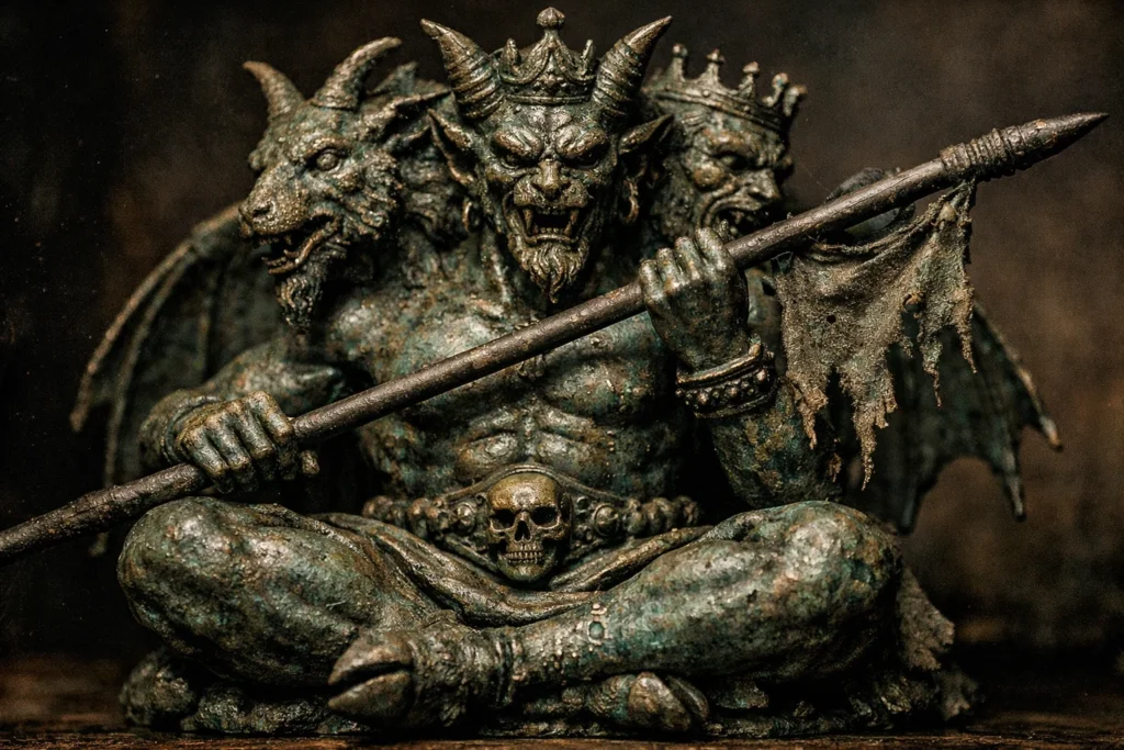 A heavy bronze idol of Asmodeus with a rich, dark green aged patina