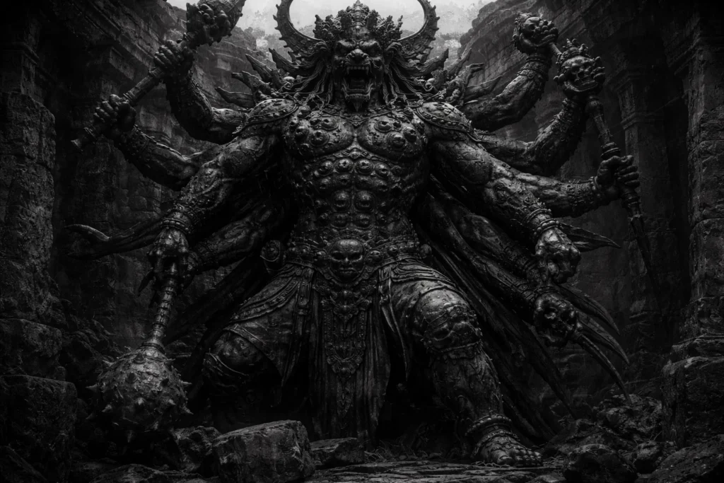 A bronze statue of Andhaka in rigid posture, featuring multiple arms and engraved eyes across the torso.