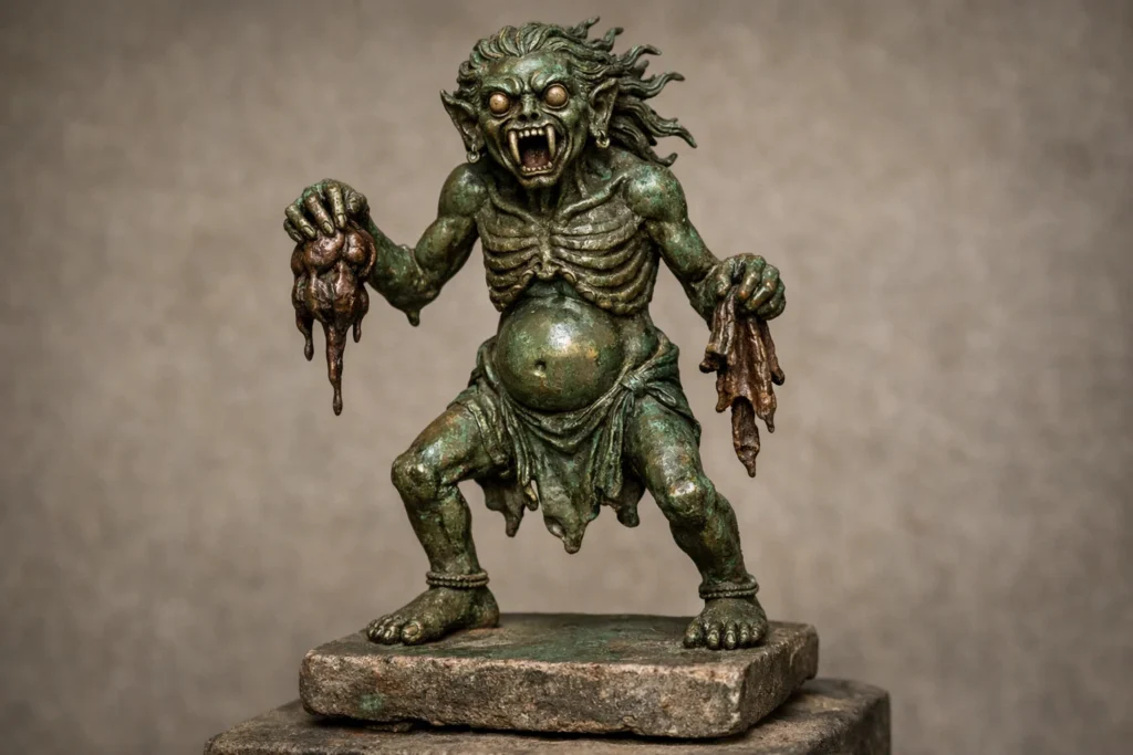 A bronze statue of a Pishacha, sculpted in an early medieval Indian style.