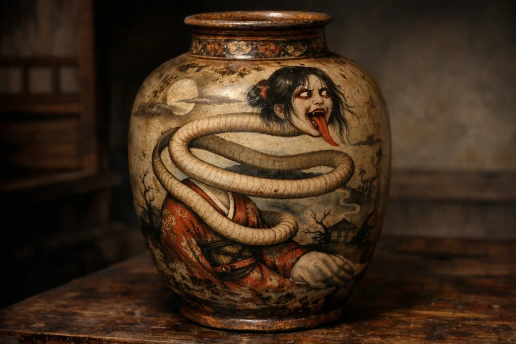 An ancient Japanese ceramic vase decorated with a Rokurokubi motif