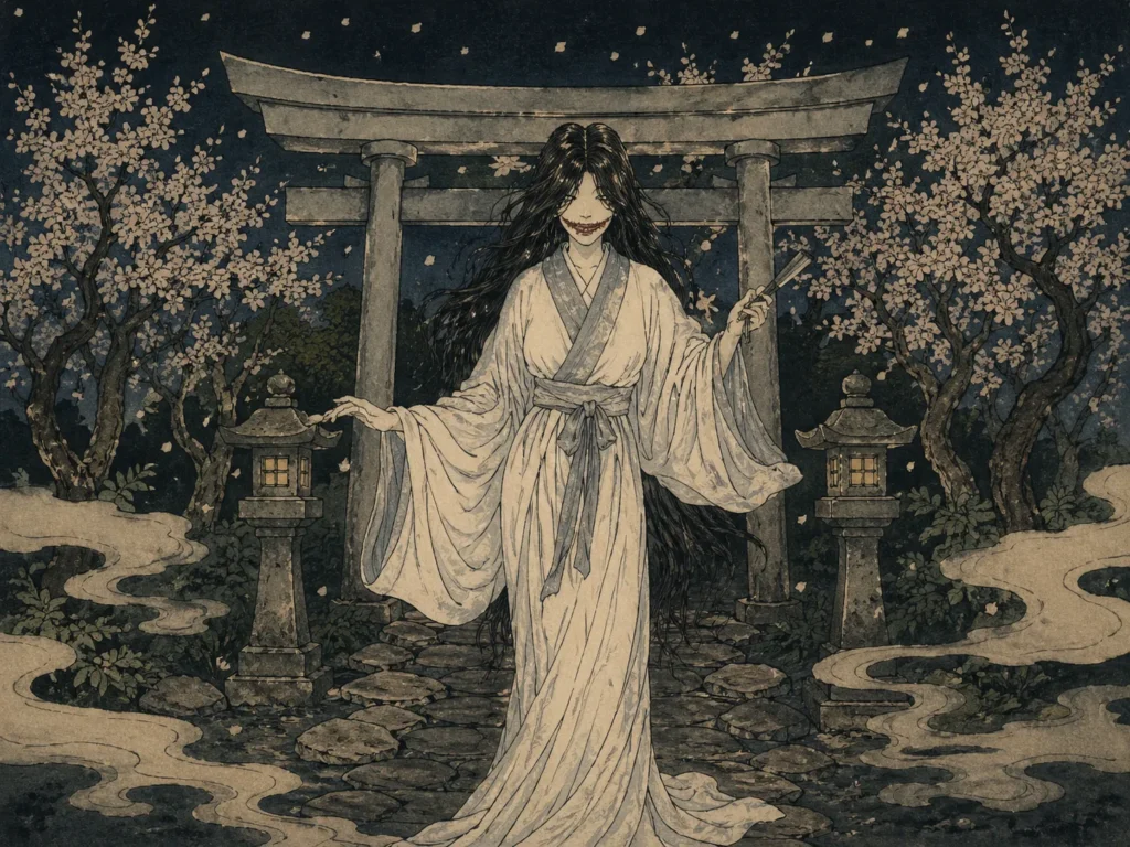Traditional ukiyo-e style illustration of Kuchisake-onna standing before a stone torii gate under cherry blossoms at night.
