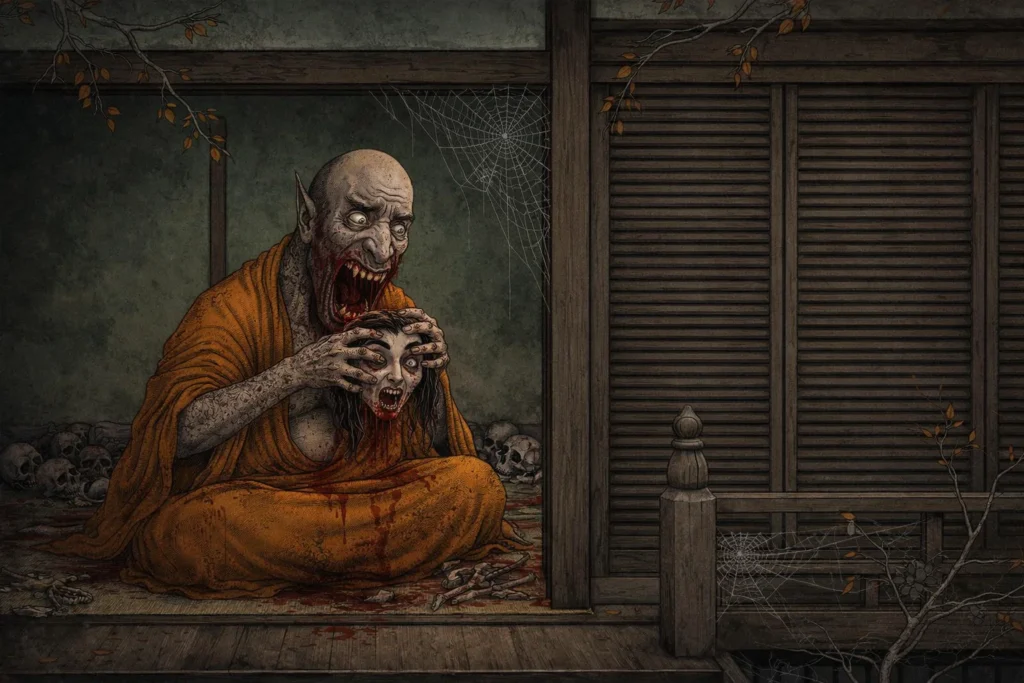 A monstrous, emaciated figure in orange monk robes holding a severed head in a ruined temple.