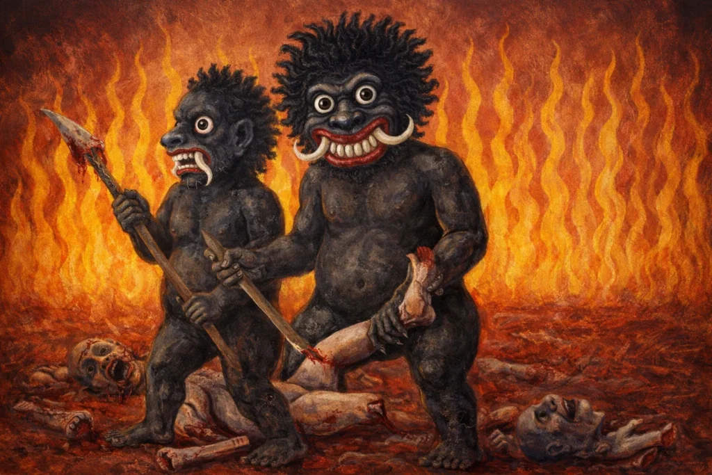 * Stylized black-skinned Pishacha demons holding a spear and a severed limb.