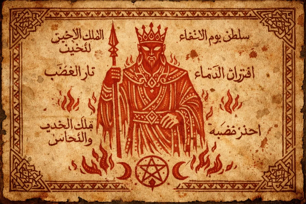 An aged parchment page with faded brown edges and uneven texture. In the center is a stylized, symbolic drawing of Al-Ahmar