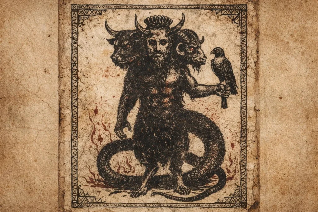 drawing of Balam in primitive ink and red pigment