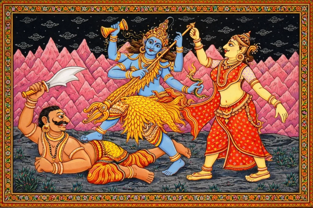 Stylized painting of a blue deity stepping on a fallen demon while a goddess watches.