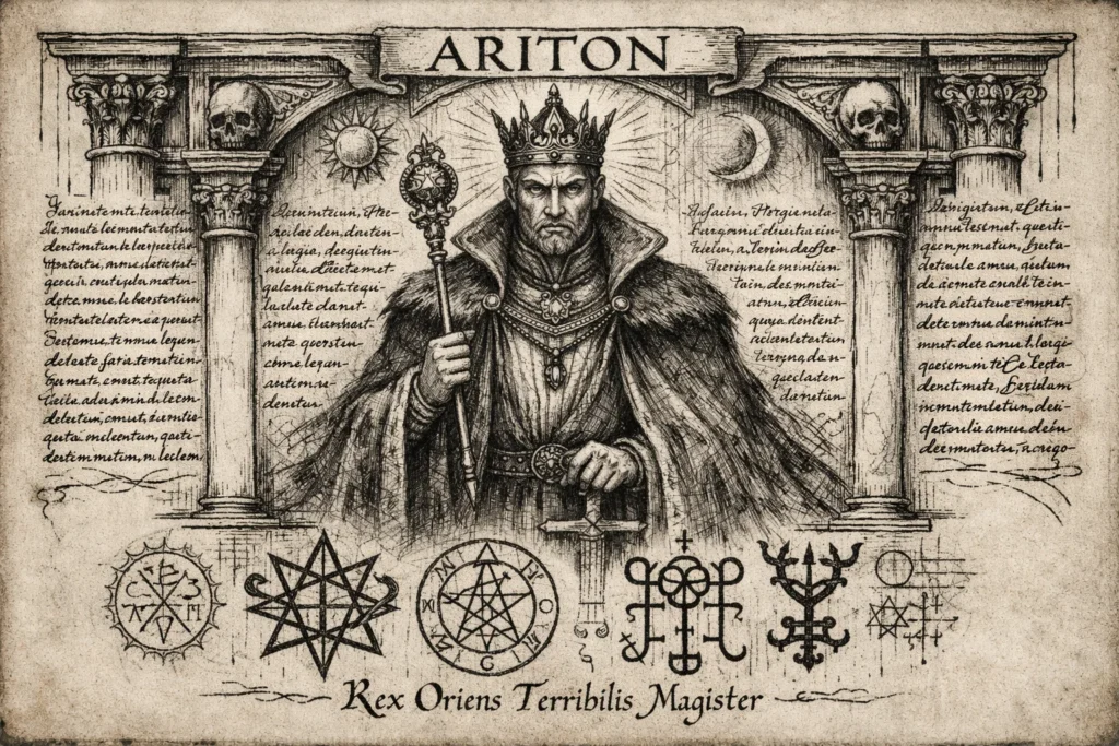 late medieval to early Renaissance grimoire page featuring a detailed ink drawing of Ariton with architectural framing columns