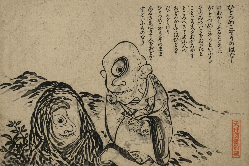 Ink wash drawing of Hitotsume kozo with a single large eye and monk robes in a traditional Japanese landscape.
