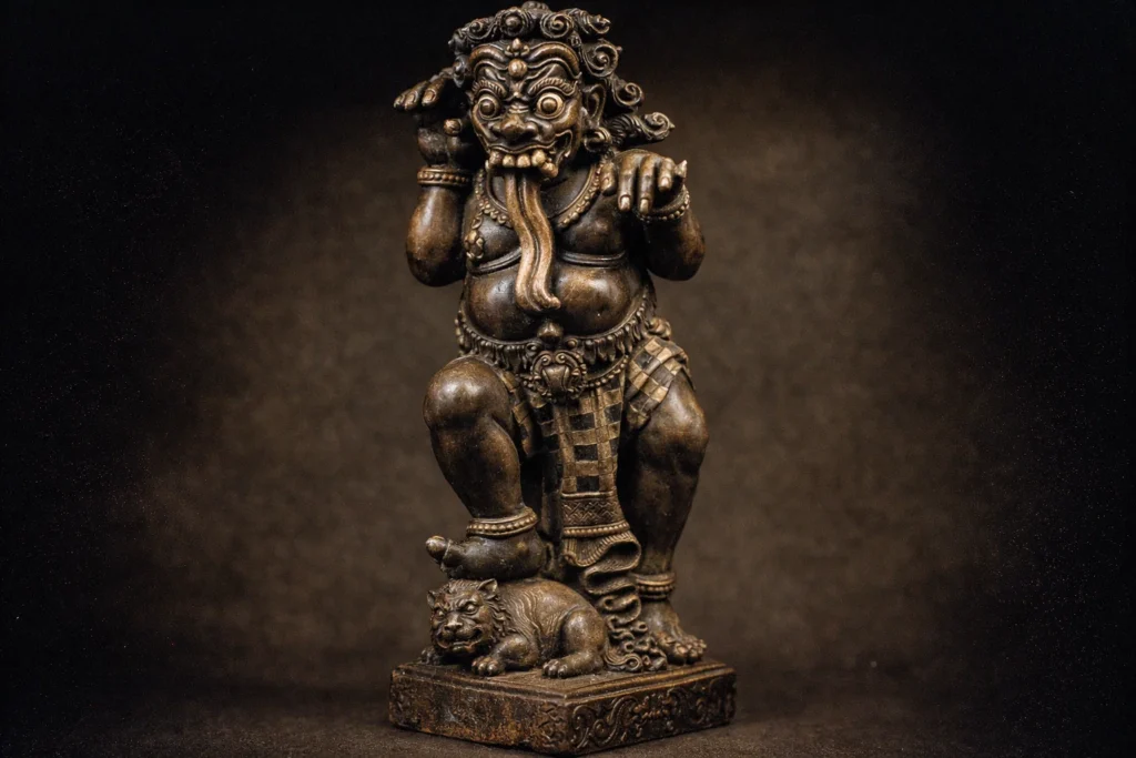 A bronze statue of a fanged spirit with a long tongue treading upon a small lion-like creature.