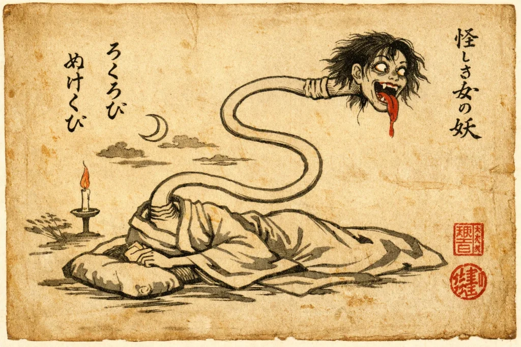 ancient text-style illustration resembling Konjaku-era artwork, showing a simplified Rokurokubi