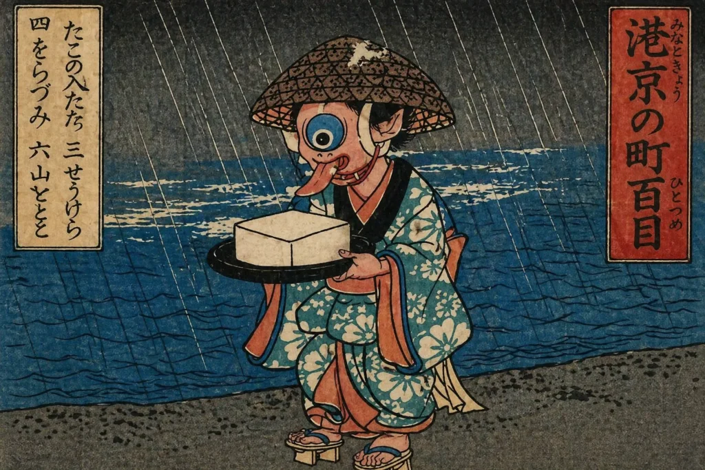 Ukiyo-e style woodblock print of Hitotsume kozo wearing a bamboo hat and carrying a plate of tofu.