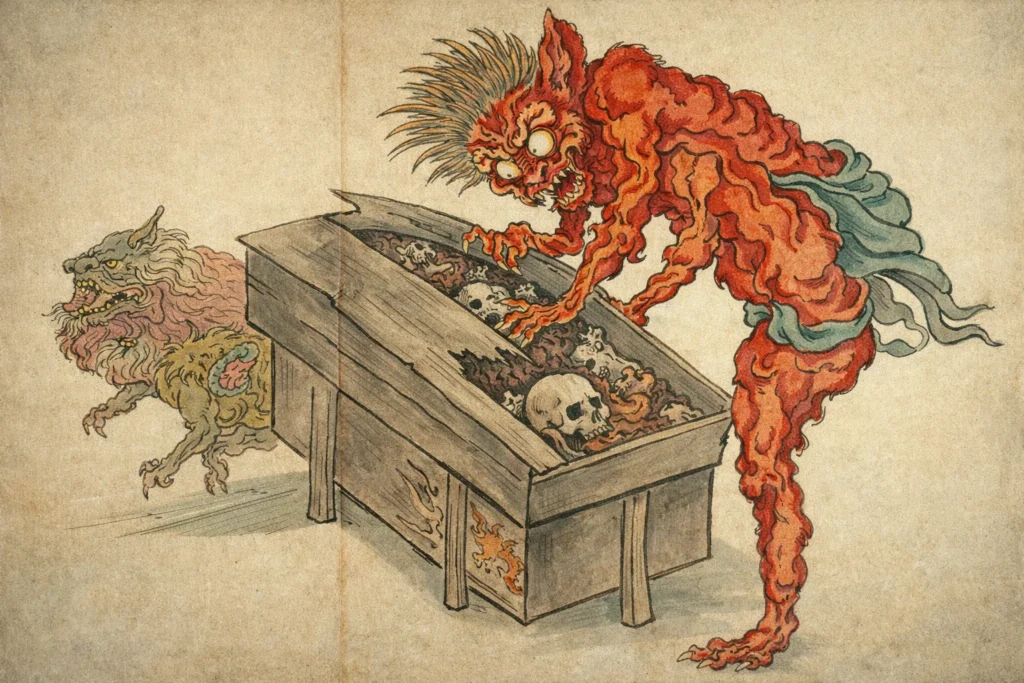 Traditional Japanese art of a hunched demon scavenging a grave while a mythical lion-dog watches.