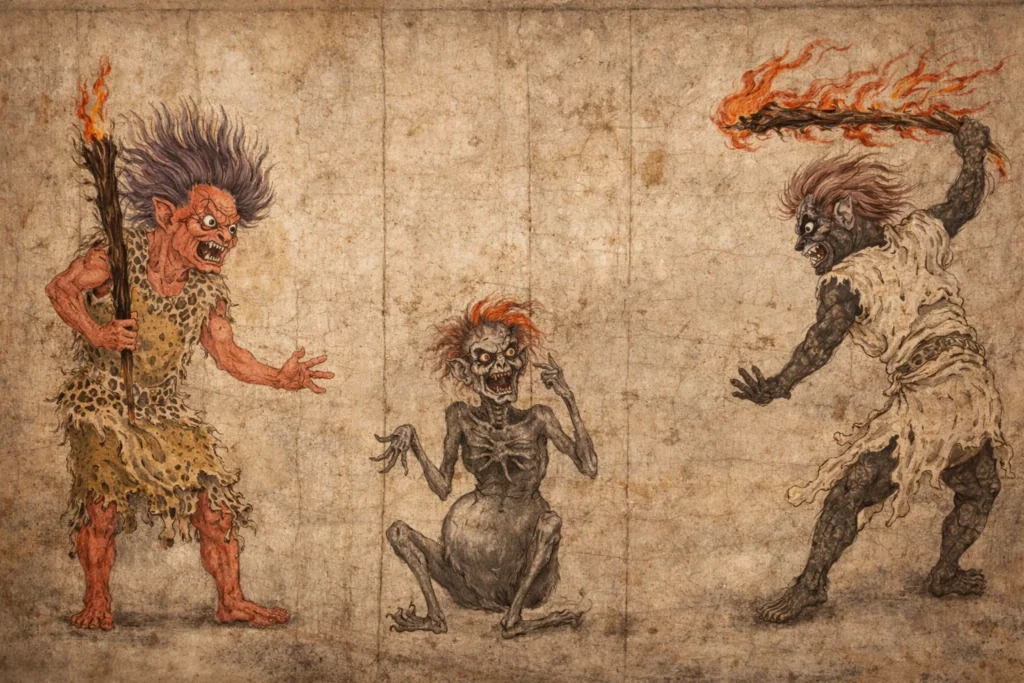A thin, grey Jikininki with a swollen stomach sitting between two muscular, red and black demons holding torches.