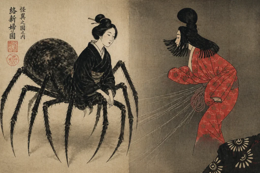 Iconographic representation of the Jorogumo spider demon using supernatural silk to bind a traveler.